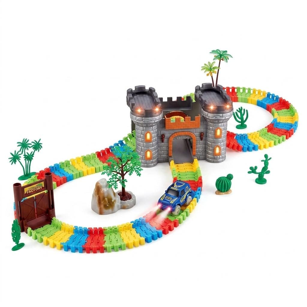 Electric Building Block Track Car Set 158 Pieces Glow in the Dark Racing Track Toy with LED Vehicle Construction Play Set