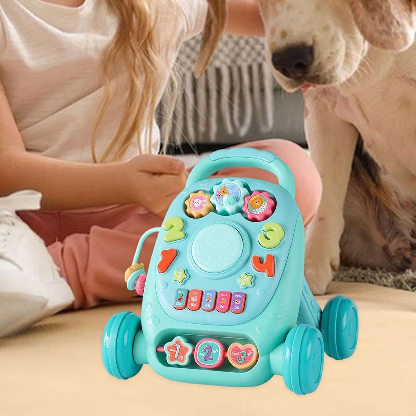 2 in 1 Sit to Stand Learning Walker Toy Handle Interactive Musical Play Panel with Lights Vibrant Colour Encourages Motor Skill & Cognitive Development for kids 8''H x 6''W