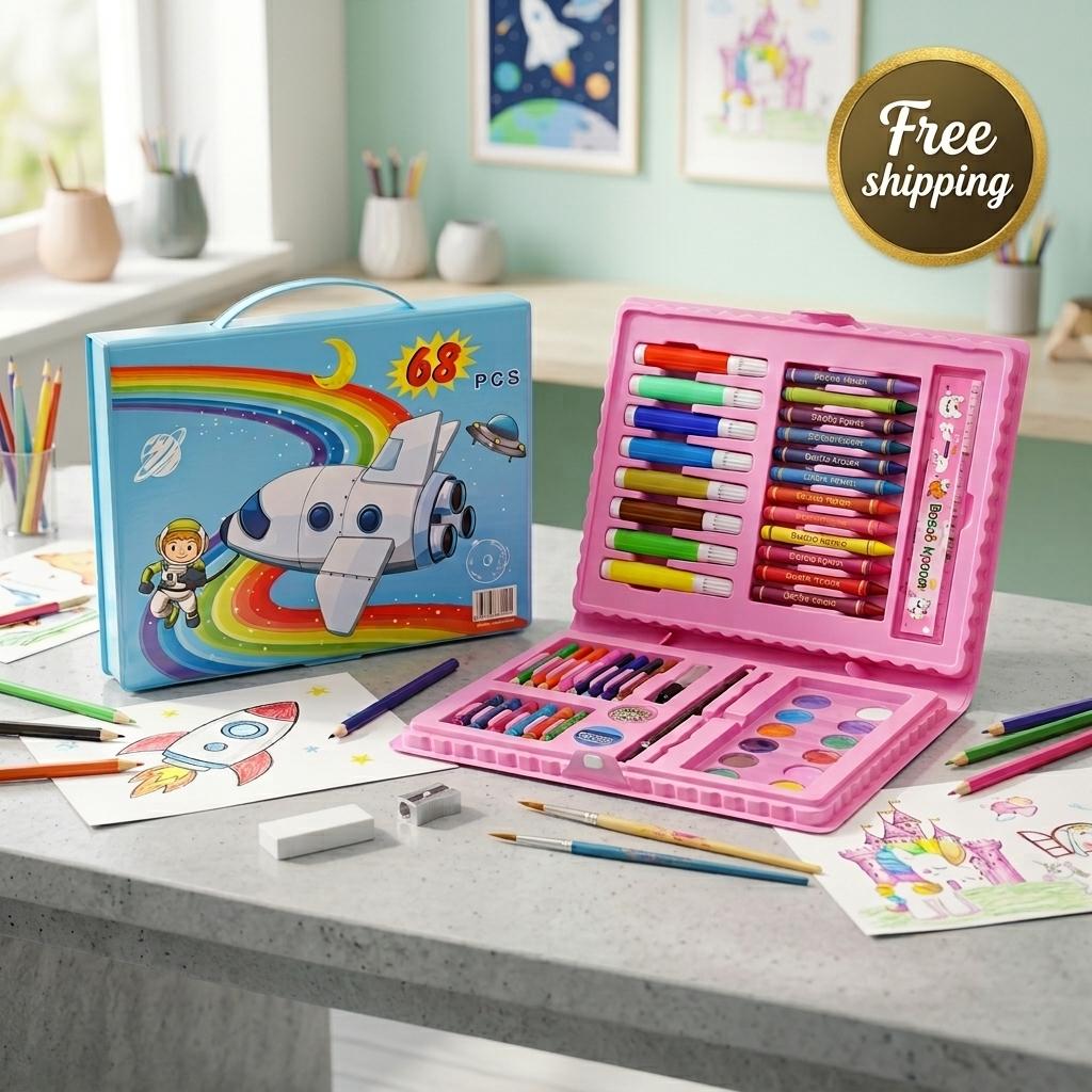Kids 68PCS Art & Craft Set Drawing, Colouring & Painting Kit with Portable Storage Case School & Home Activities