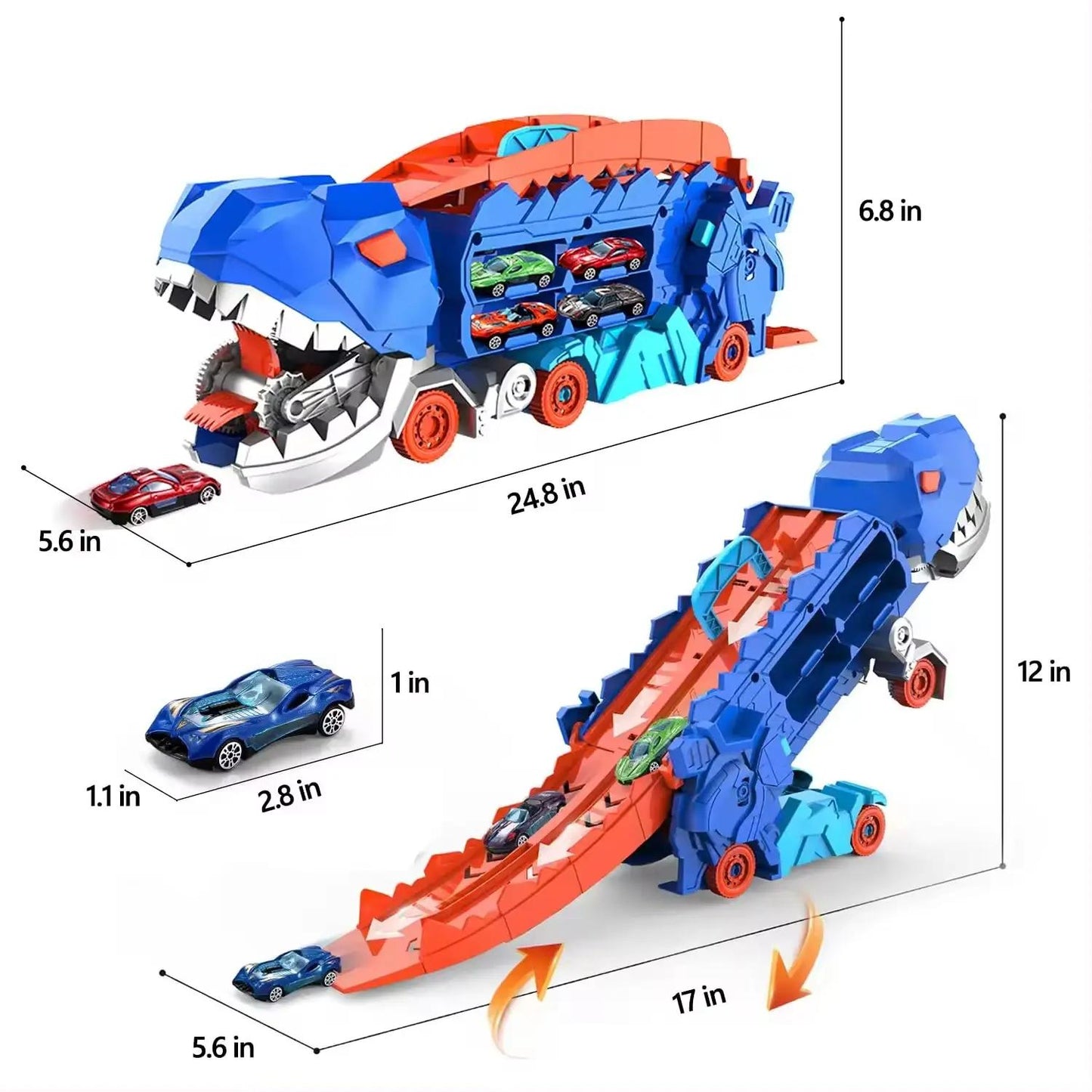 Dinosaur Truck Toy Set with Music Foldable Sliding Race Track Transforms into Standing T-rex Best Birthday Gifts Toys Boys Girls