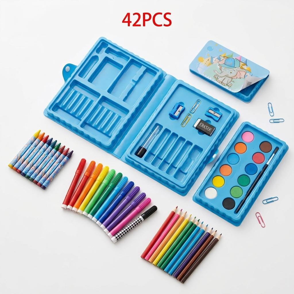 42PCS Kids Art Set Drawing Kit Children's Colouring Set with Crayons, Felt Pens & Watercolour Paints Portable Carry Case