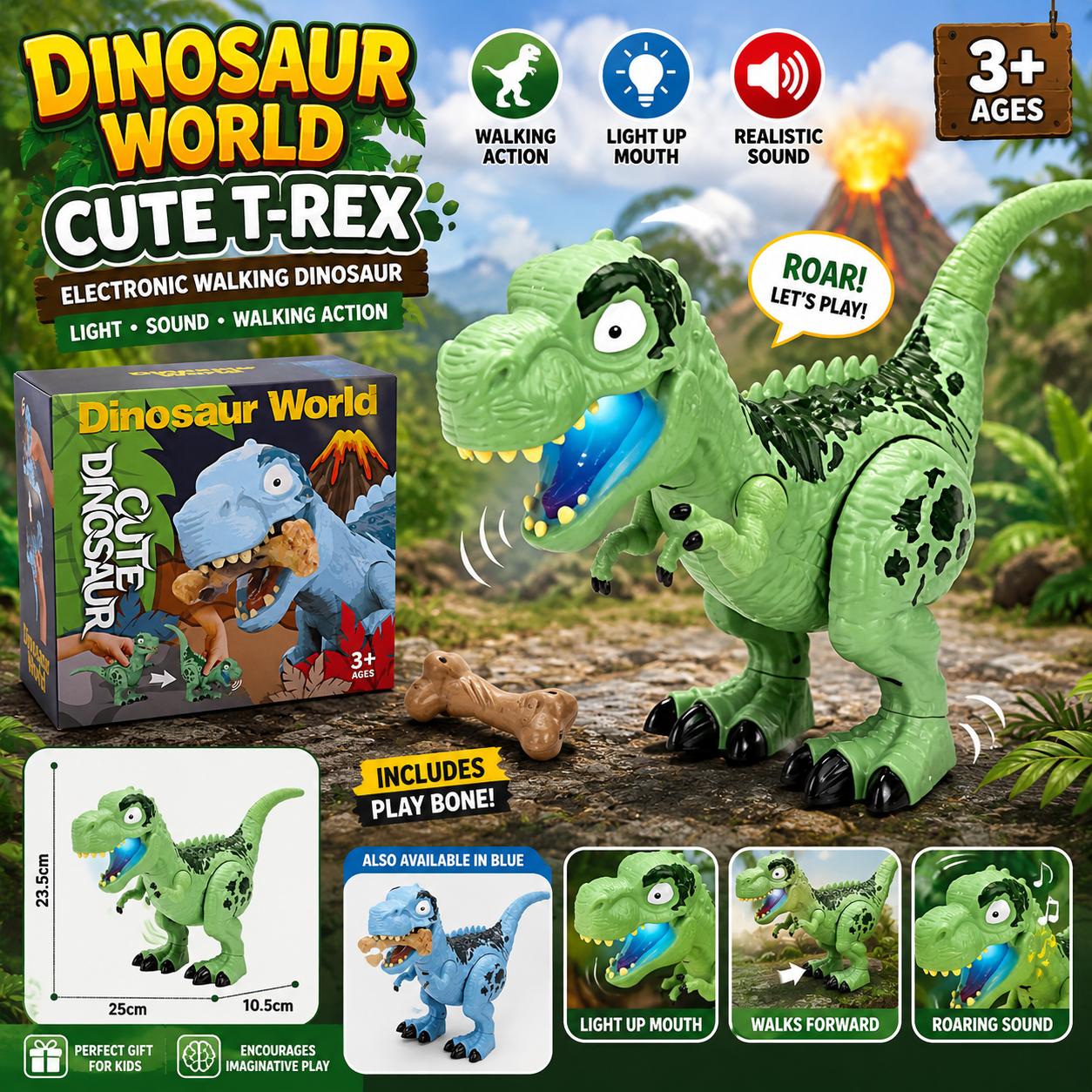 Electric Dinosaur Toy with Roaring Sound Moving Mouth Soft Tail T-Rex Kids Toy Gift