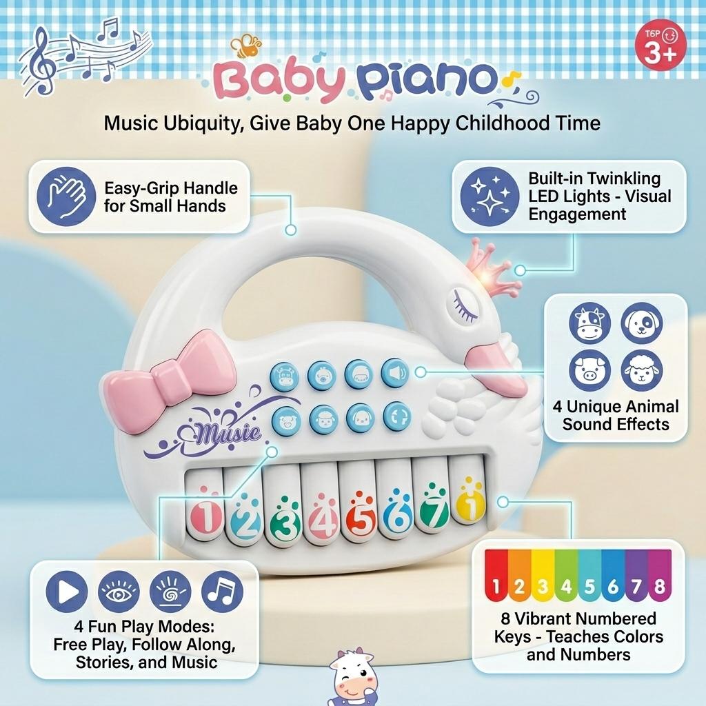 Kids Musical Piano Toy Interactive Baby Keyboard with Lights, Sounds & Carry Handle