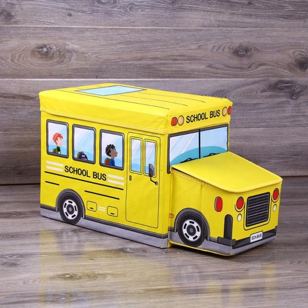 Kids Toy Storage Box Foldable School Bus Design with Lid Large Fabric Organizer for Nursery & Playroom