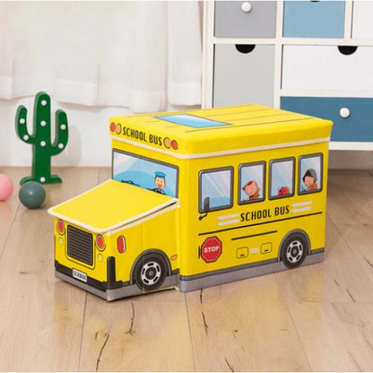 Kids Toy Storage Box Foldable School Bus Design with Lid Large Fabric Organizer for Nursery & Playroom