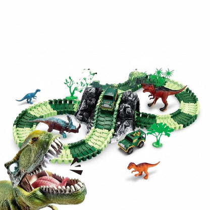 DIY Dinosaur Race Track Set 117 Pcs Flexible Tracks with Electric Car Dinosaur Figures & Bridge Perfect Gift for Kids 3+