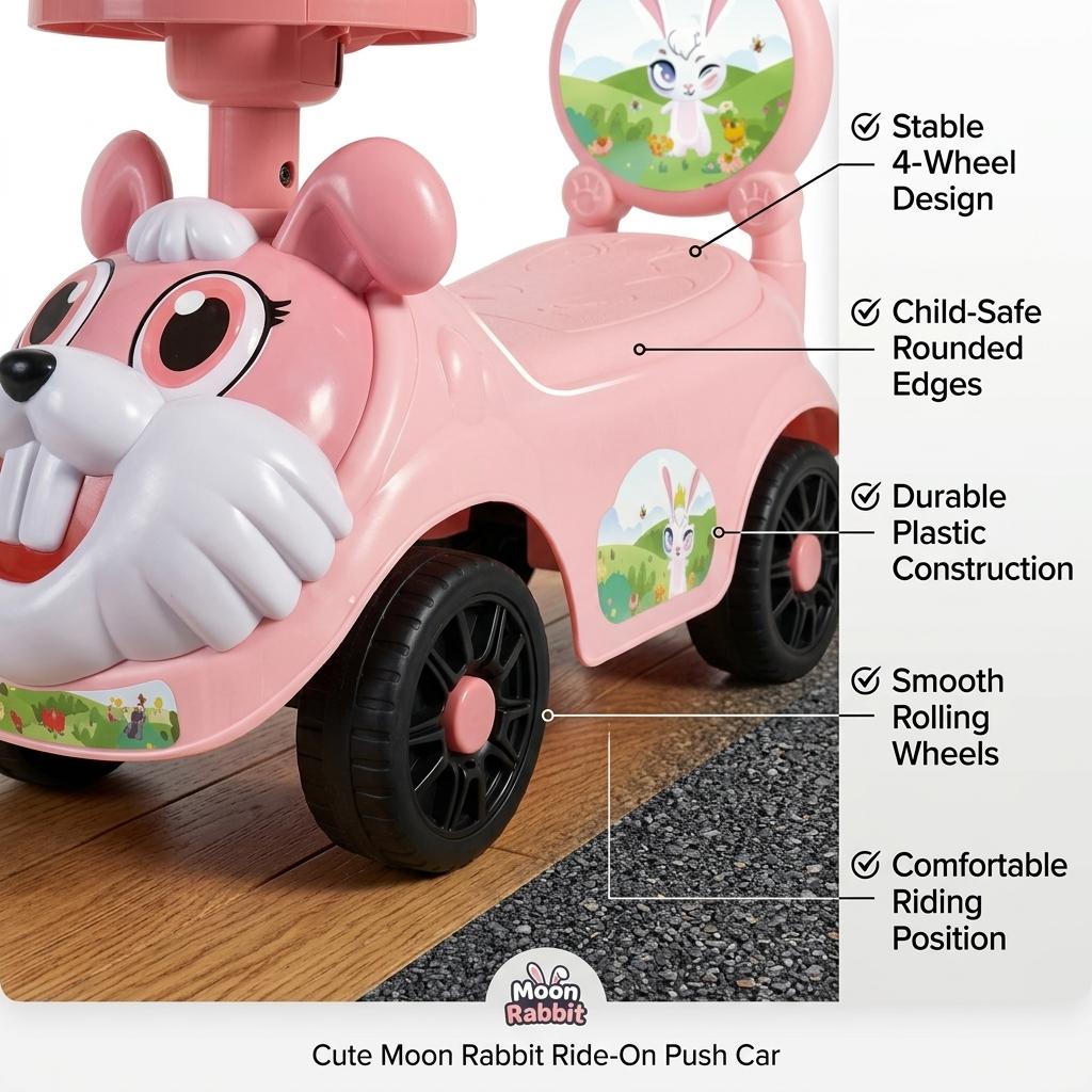Kids Ride On Push Car with Parent Handle Rabbit Design Toddler Push Along Car Steering Wheel Indoor Outdoor Toy Blue or Pink 8 Months+