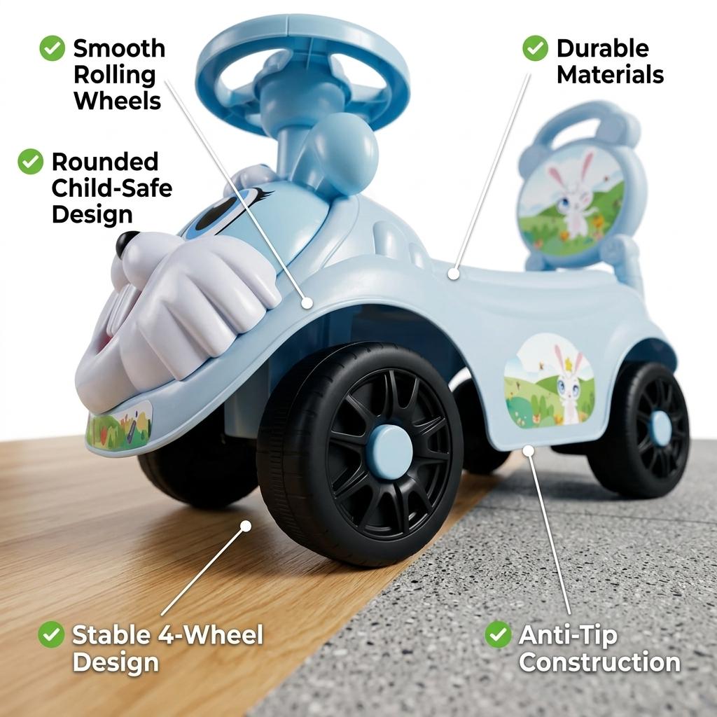 Kids Ride On Push Car with Parent Handle Rabbit Design Toddler Push Along Car Steering Wheel Indoor Outdoor Toy Blue or Pink 8 Months+
