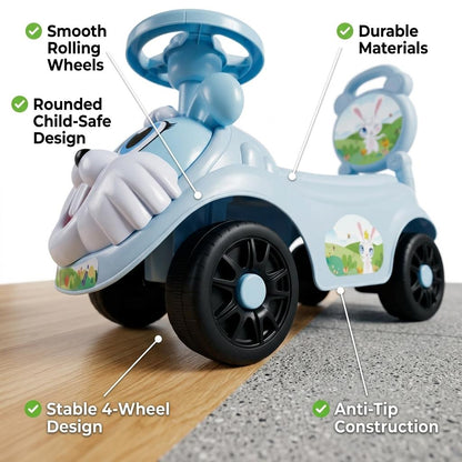 Kids Ride On Push Car with Parent Handle Rabbit Design Toddler Push Along Car Steering Wheel Indoor Outdoor Toy Blue or Pink 8 Months+