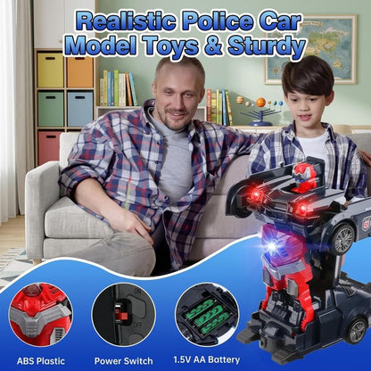 2 in 1 Transforming Police Car Robot Toy with LED Lights & Music 360 Rotation Stunt Toy for Kids