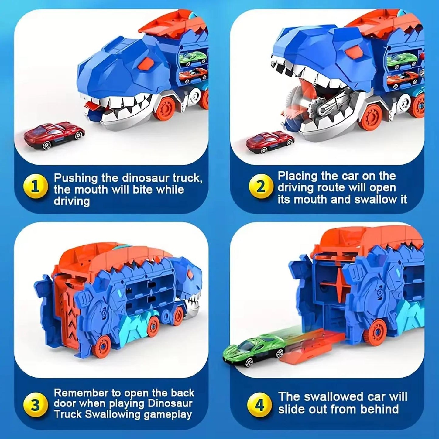 Dinosaur Truck Toy Set with Music Foldable Sliding Race Track Transforms into Standing T-rex Best Birthday Gifts Toys Boys Girls
