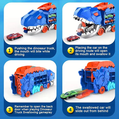 Dinosaur Truck Toy Set with Music Foldable Sliding Race Track Transforms into Standing T-rex Best Birthday Gifts Toys Boys Girls