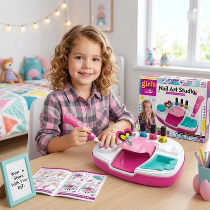 Kids Nail Art Studio Kit with Battery Powered Nail Dryer Glitter Pen Nail Polish Set Creative Beauty Play Toy Age 5+