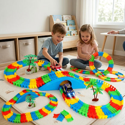 Electric Building Block Track Car Set 158 Pieces Glow in the Dark Racing Track Toy with LED Vehicle Construction Play Set