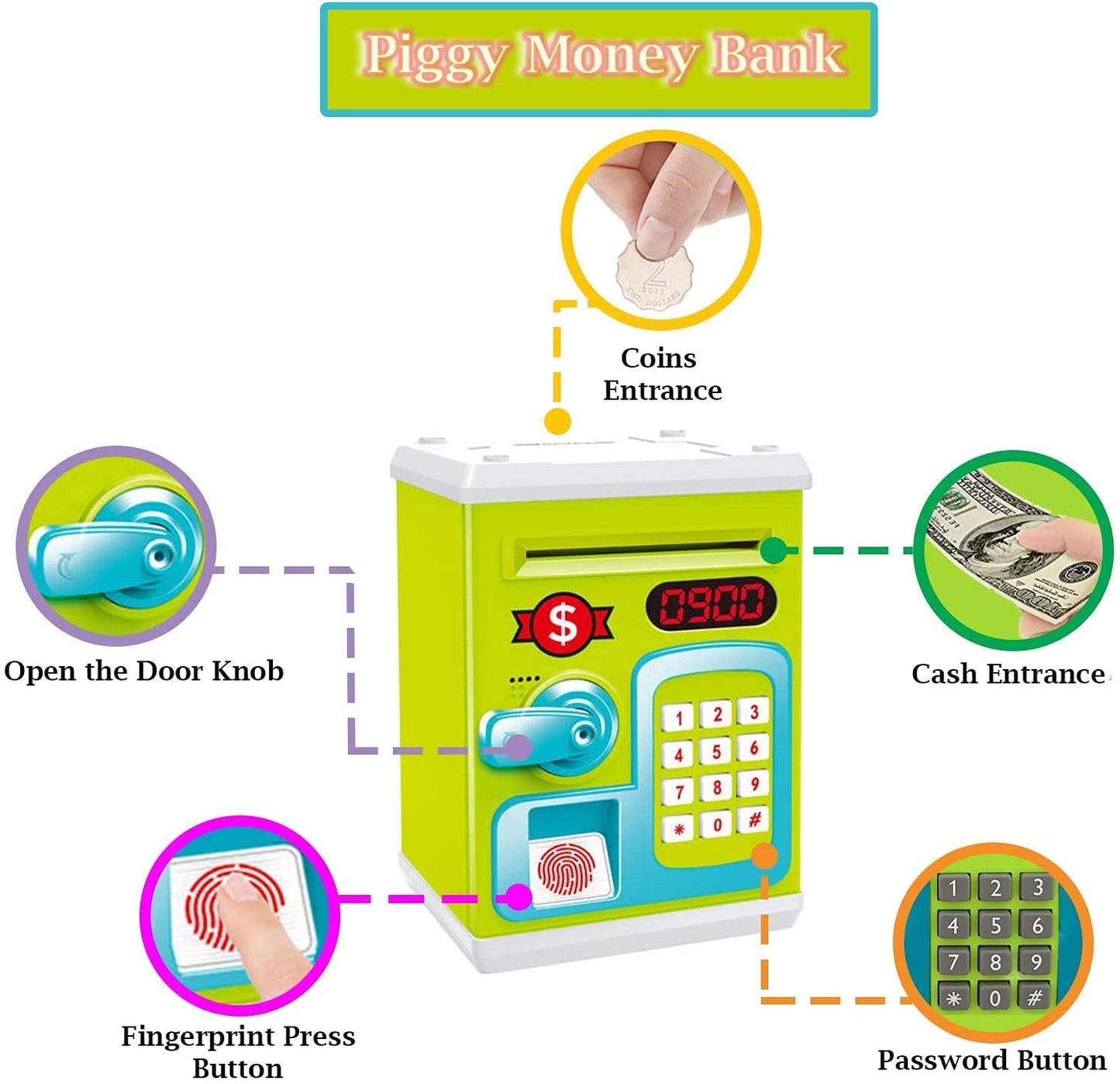 Kids Piggy Bank with Password Lock Electronic Money Coin Bank Unbreakable Mini ATM Toy Safe Box for Boys & Girls Fun Savings Bank Gift for Children