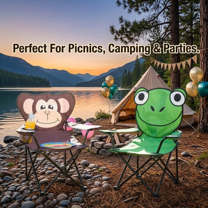 Kids Foldable Camping Chair with Cup Holder & Carry Bag Portable Animal Outdoor Chair for Garden, Beach & Picnic Monkey or Frog 50kg Capacity