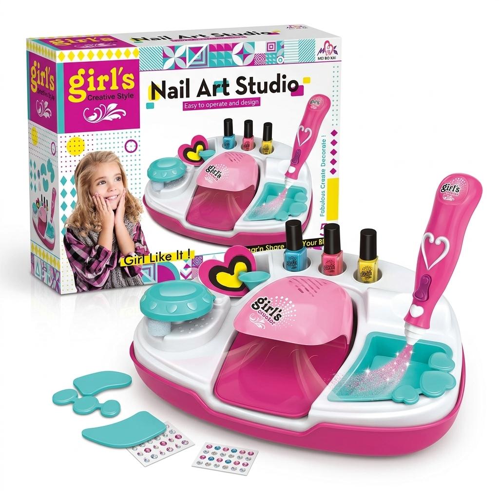 Kids Nail Art Studio Kit with Battery Powered Nail Dryer Glitter Pen Nail Polish Set Creative Beauty Play Toy Age 5+