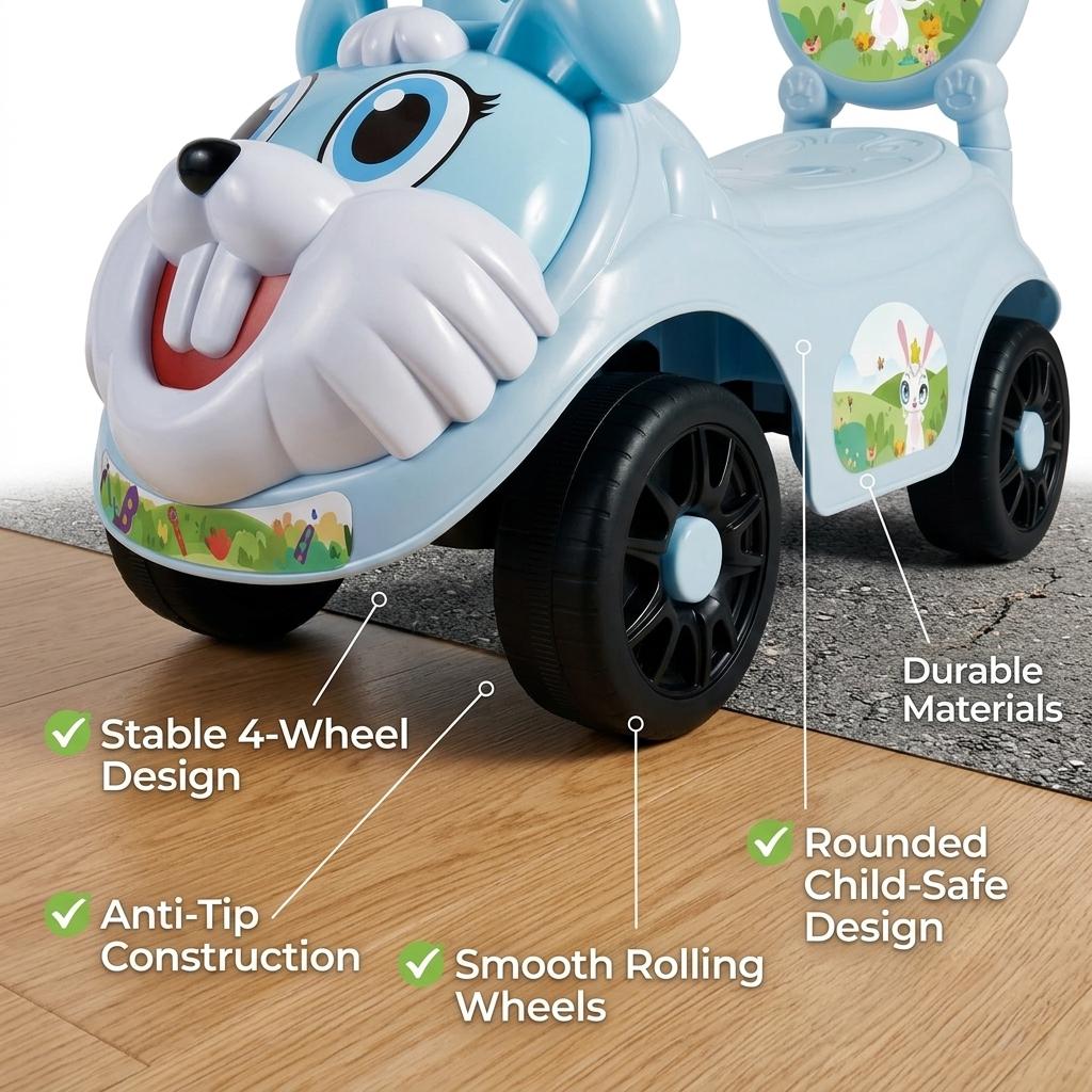 Kids Ride On Push Car with Parent Handle Rabbit Design Toddler Push Along Car Steering Wheel Indoor Outdoor Toy Blue or Pink 8 Months+