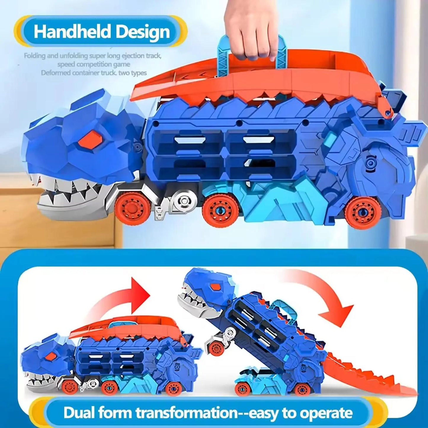 Dinosaur Truck Toy Set with Music Foldable Sliding Race Track Transforms into Standing T-rex Best Birthday Gifts Toys Boys Girls