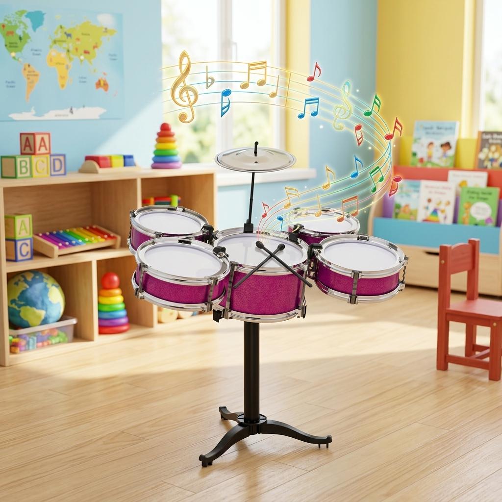 Kids Toy Drum Kit 5 Piece Jazz Drum Set with Cymbal Drumsticks & Stand Musical Instrument Play Set for Children Boys & Girls