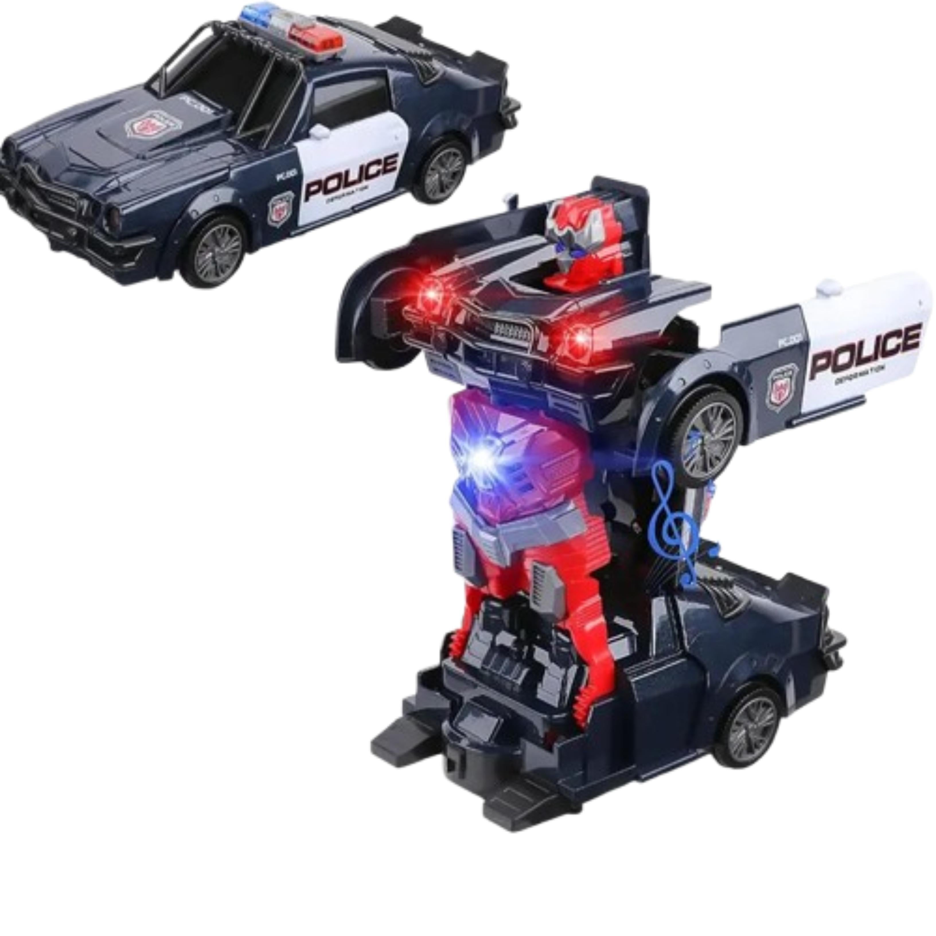 2 in 1 Transforming Police Car Robot Toy with LED Lights & Music 360 Rotation Stunt Toy for Kids
