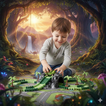 DIY Dinosaur Race Track Set 117 Pcs Flexible Tracks with Electric Car Dinosaur Figures & Bridge Perfect Gift for Kids 3+