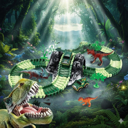 DIY Dinosaur Race Track Set 117 Pcs Flexible Tracks with Electric Car Dinosaur Figures & Bridge Perfect Gift for Kids 3+