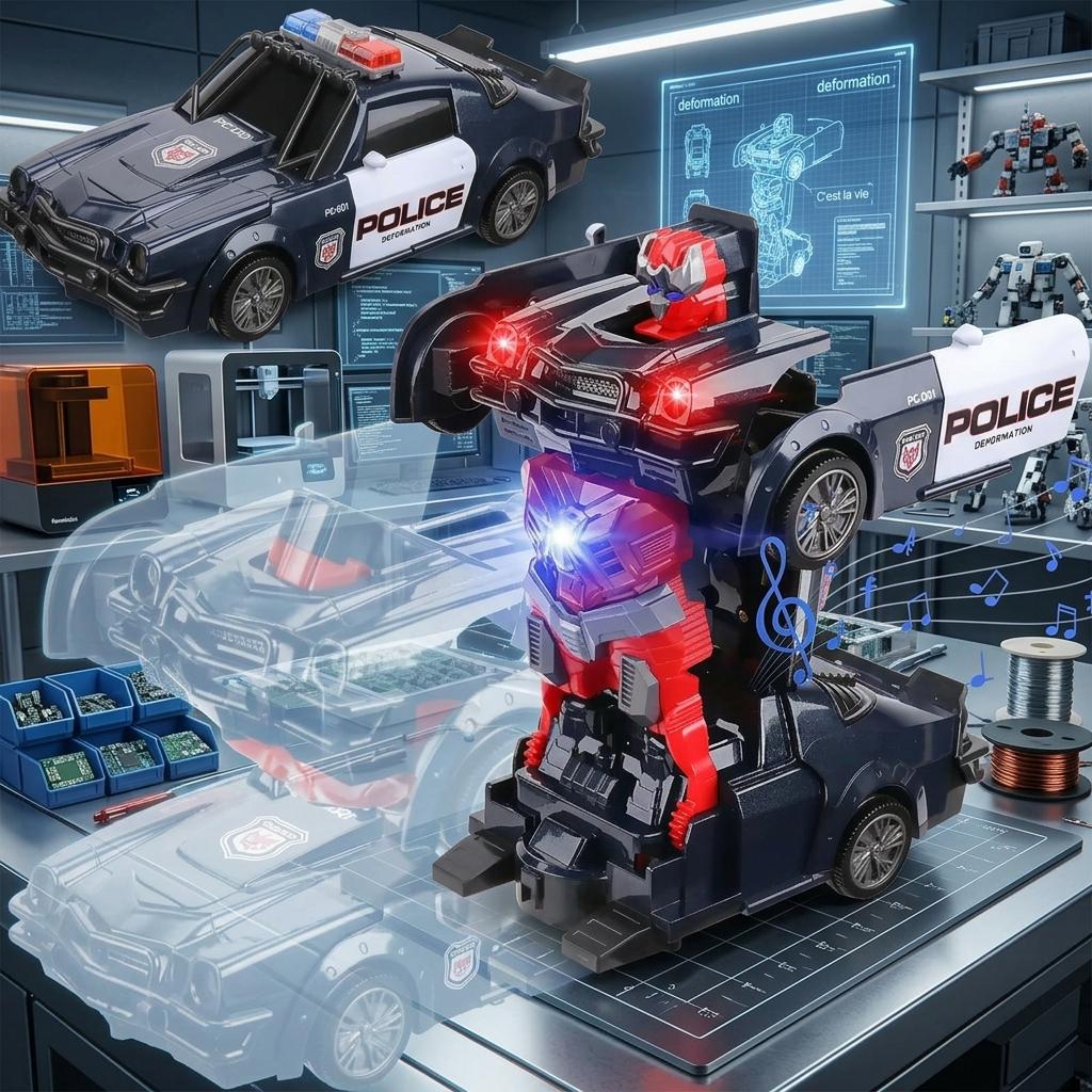 2 in 1 Transforming Police Car Robot Toy with LED Lights & Music 360 Rotation Stunt Toy for Kids