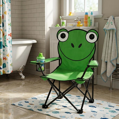 Kids Foldable Camping Chair with Cup Holder & Carry Bag Portable Animal Outdoor Chair for Garden, Beach & Picnic Monkey or Frog 50kg Capacity