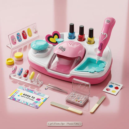 Kids Nail Art Studio Kit with Battery Powered Nail Dryer Glitter Pen Nail Polish Set Creative Beauty Play Toy Age 5+