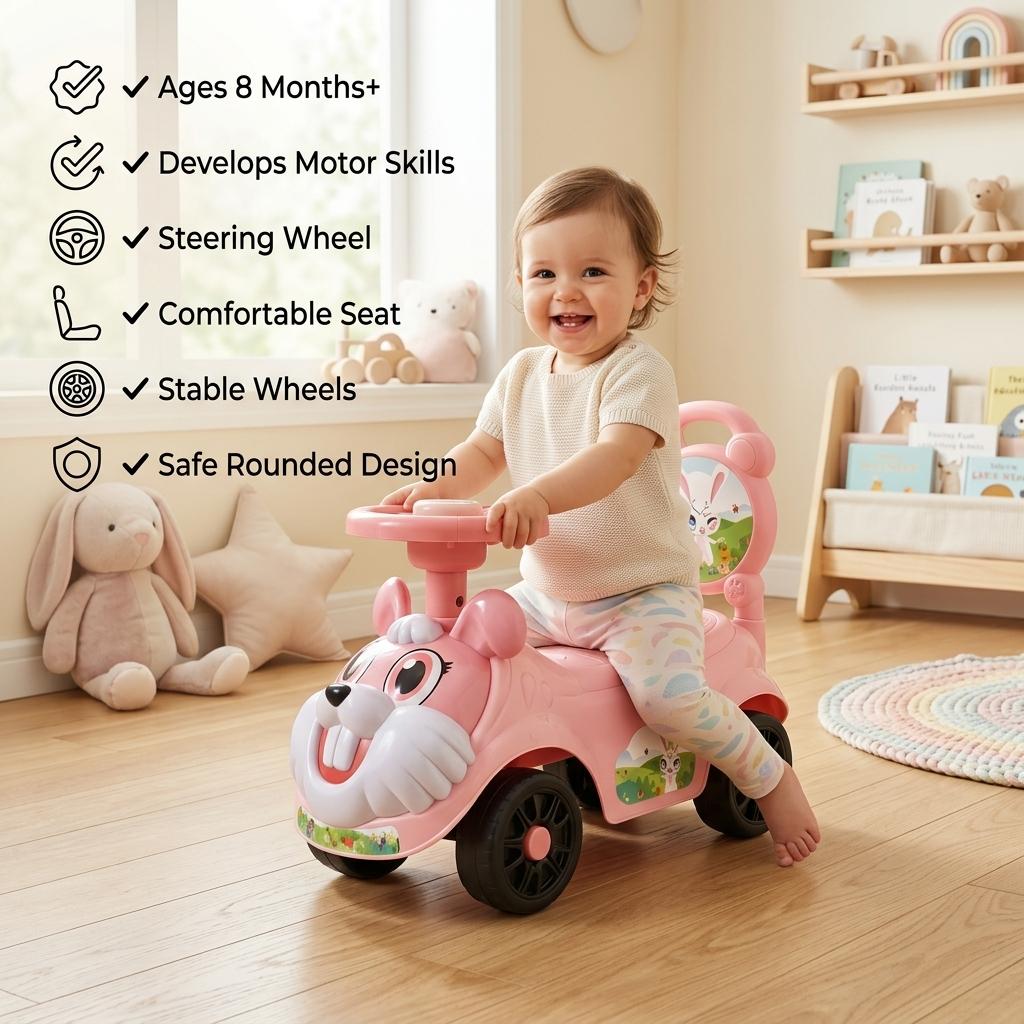 Kids Ride On Push Car with Parent Handle Rabbit Design Toddler Push Along Car Steering Wheel Indoor Outdoor Toy Blue or Pink 8 Months+