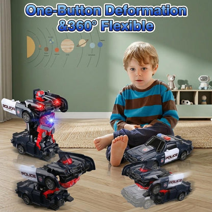 2 in 1 Transforming Police Car Robot Toy with LED Lights & Music 360 Rotation Stunt Toy for Kids