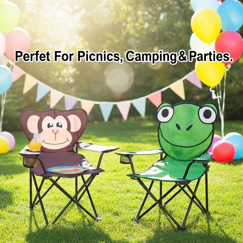 Kids Foldable Camping Chair with Cup Holder & Carry Bag Portable Animal Outdoor Chair for Garden, Beach & Picnic Monkey or Frog 50kg Capacity