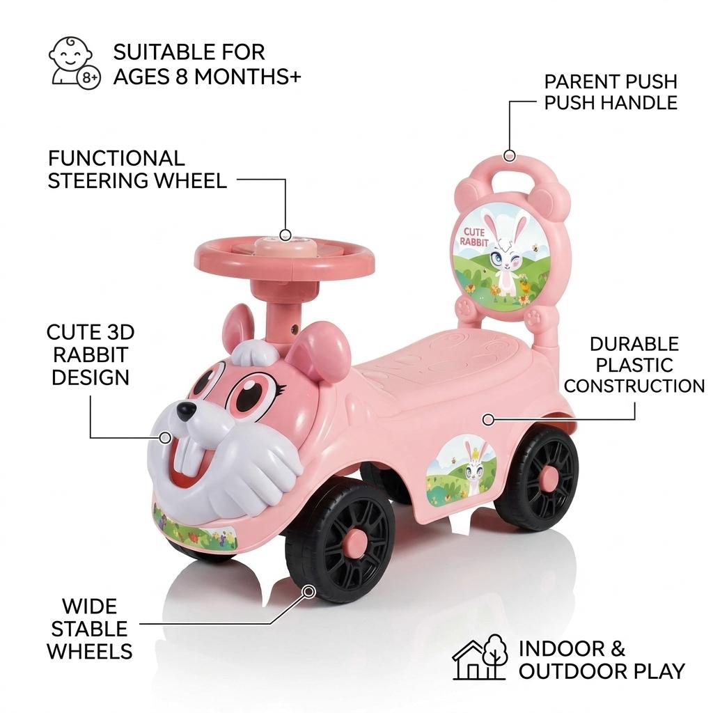 Kids Ride On Push Car with Parent Handle Rabbit Design Toddler Push Along Car Steering Wheel Indoor Outdoor Toy Blue or Pink 8 Months+