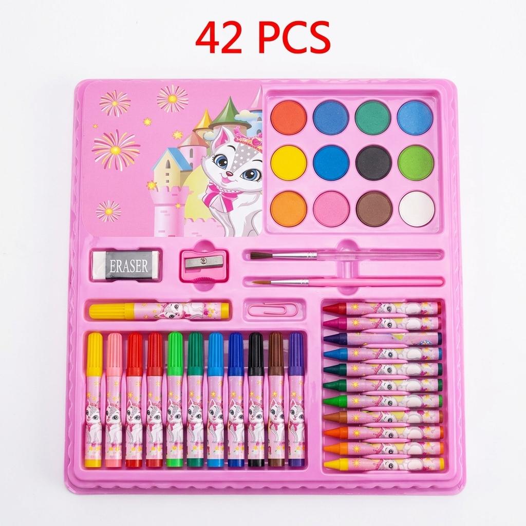 42PCS Kids Art Set Drawing Kit Children's Colouring Set with Crayons, Felt Pens & Watercolour Paints Portable Carry Case
