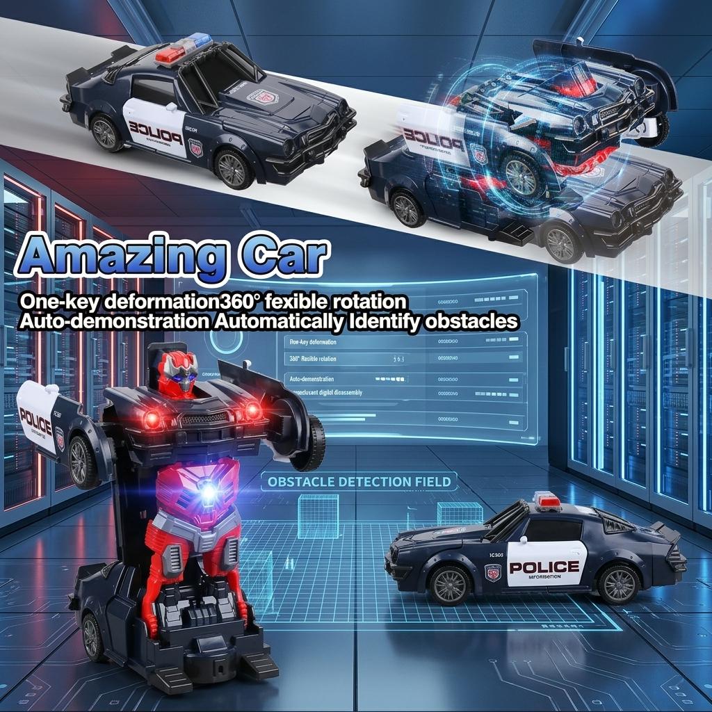 2 in 1 Transforming Police Car Robot Toy with LED Lights & Music 360 Rotation Stunt Toy for Kids