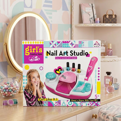 Kids Nail Art Studio Kit with Battery Powered Nail Dryer Glitter Pen Nail Polish Set Creative Beauty Play Toy Age 5+