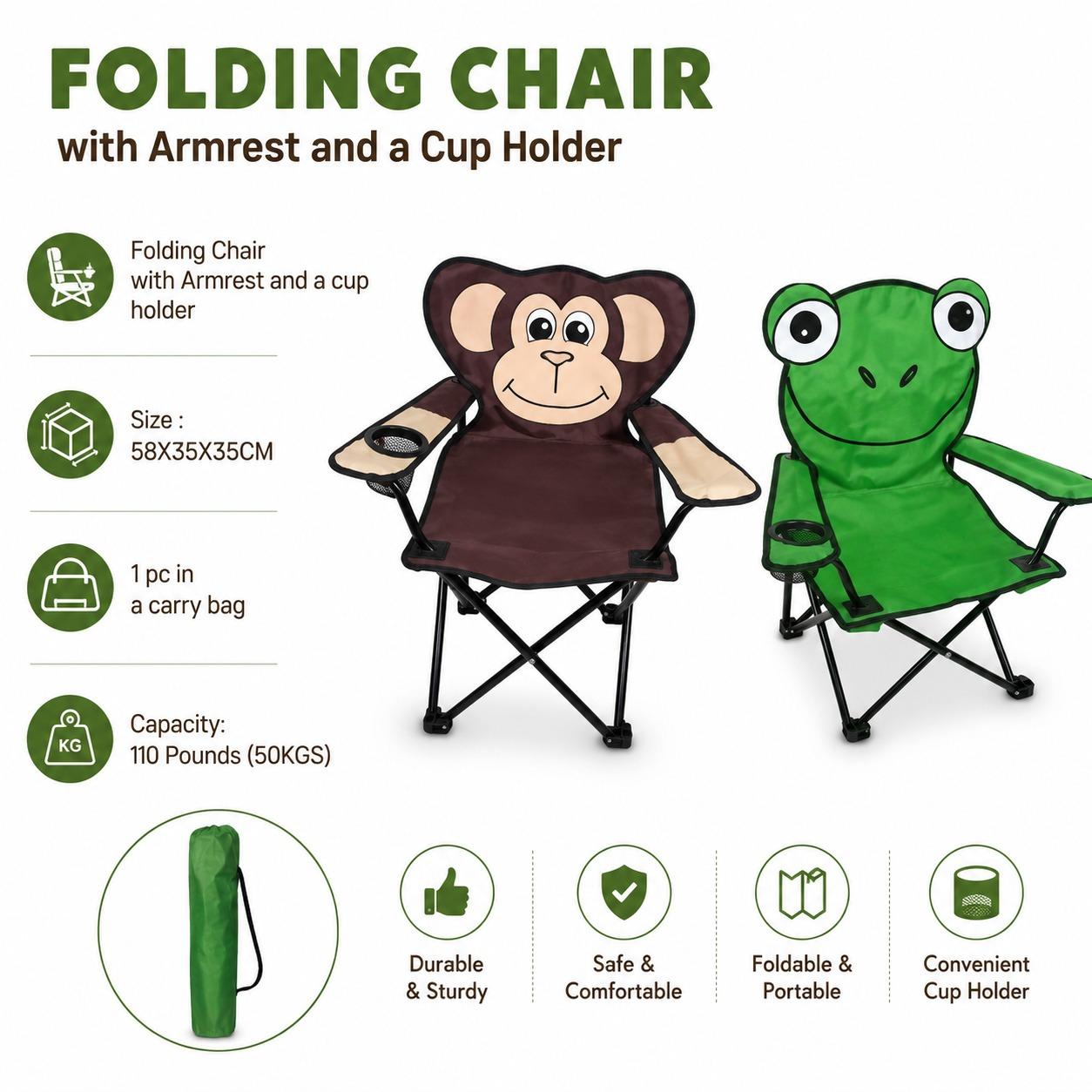 Kids Foldable Camping Chair with Cup Holder & Carry Bag Portable Animal Outdoor Chair for Garden, Beach & Picnic Monkey or Frog 50kg Capacity