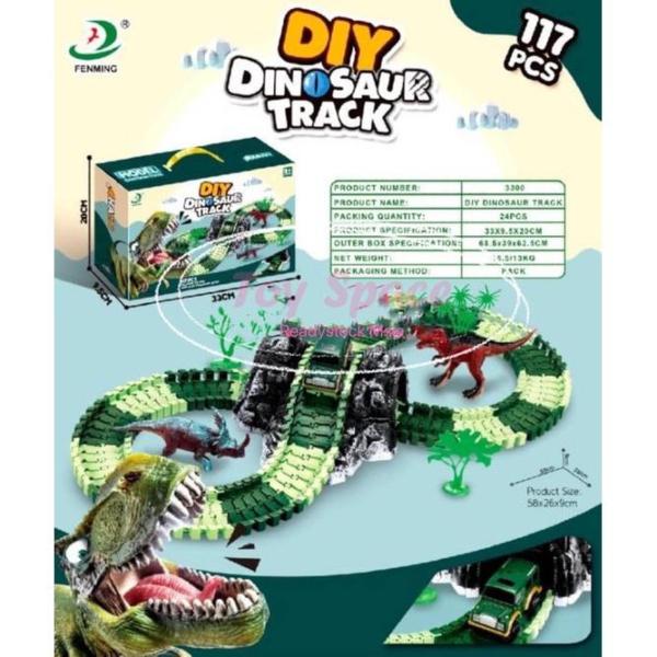 DIY Dinosaur Race Track Set 117 Pcs Flexible Tracks with Electric Car Dinosaur Figures & Bridge Perfect Gift for Kids 3+