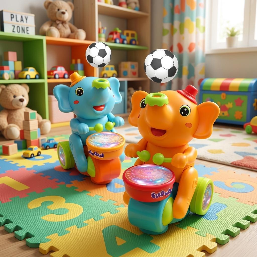 Kids Musical Elephant Walking Toy Light & Sound Drum Elephant with Blow Ball Feature | Educational Toy Age 3+