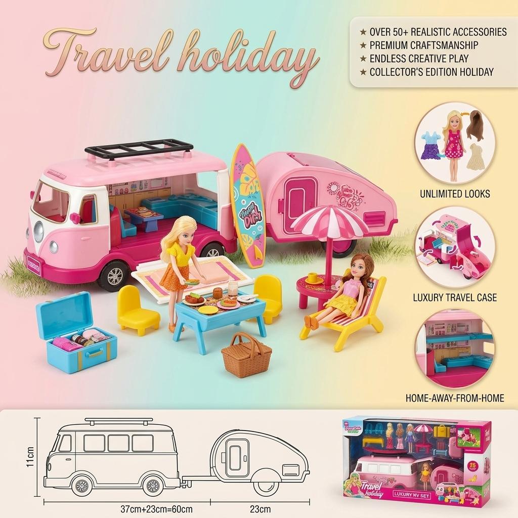 Travel Holiday Campervan Doll Playset – Luxury RV and Adventure Set