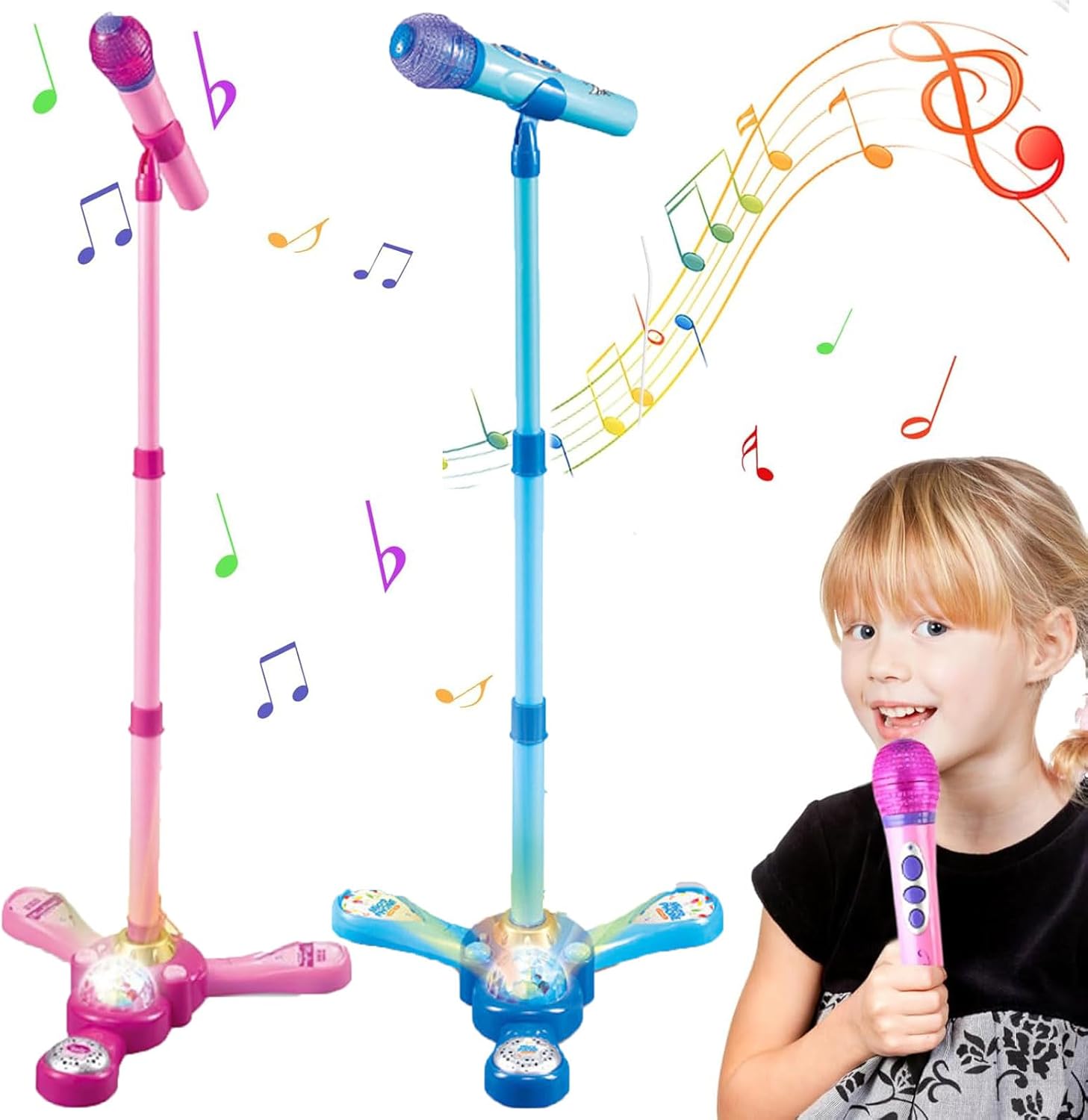 Kids Karaoke Microphone with Stand, Musical Toy Mic with Lights & Sound | Fun Singing Toy for Girls & Boys ( Pink/Blue)