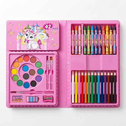 42PCS Kids Art Set Drawing Kit Children's Colouring Set with Crayons, Felt Pens & Watercolour Paints Portable Carry Case
