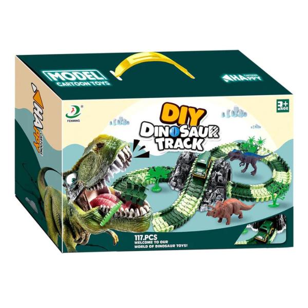 DIY Dinosaur Race Track Set 117 Pcs Flexible Tracks with Electric Car Dinosaur Figures & Bridge Perfect Gift for Kids 3+