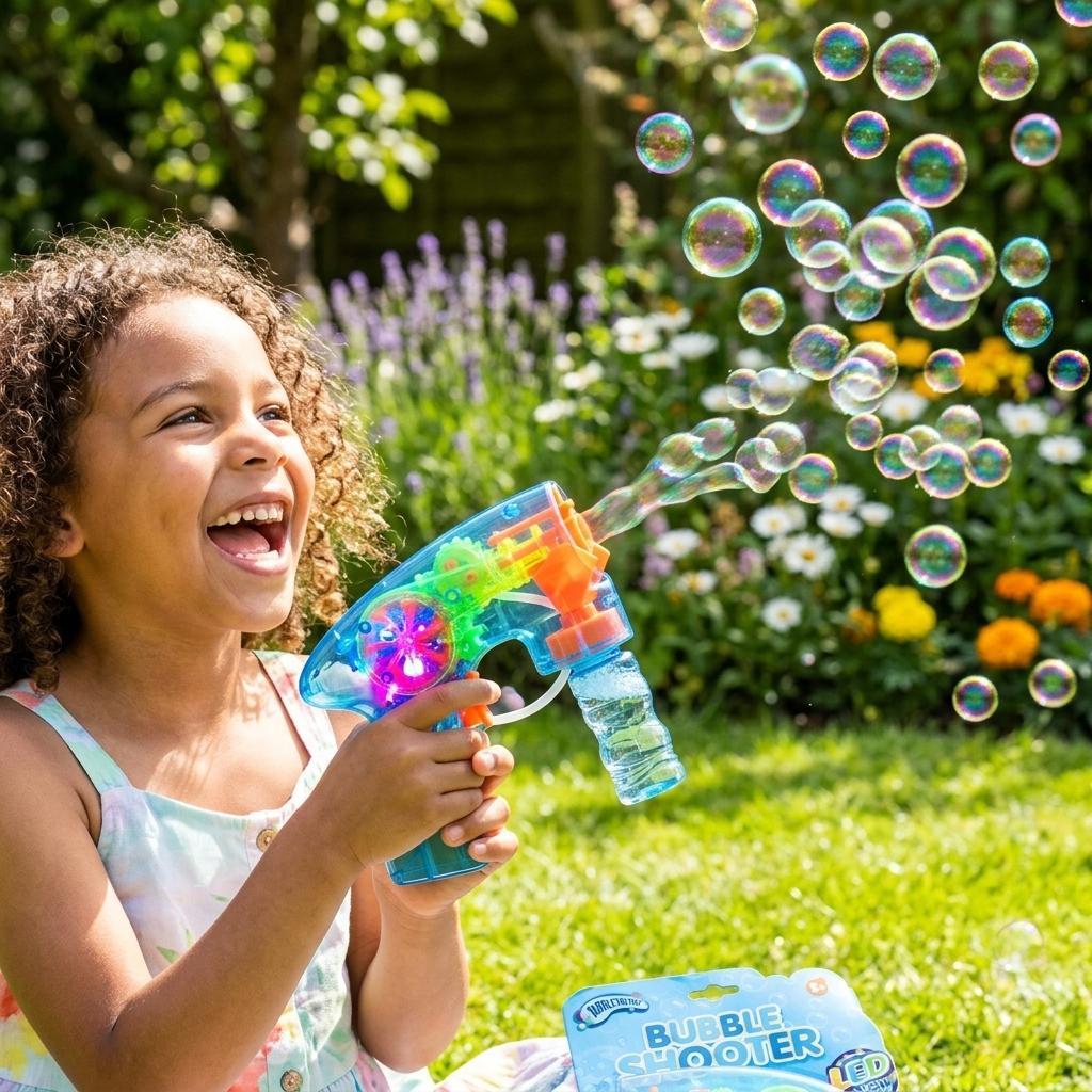 Kids Bubble Shooter Toy with LED Lights & Bubble Solution | Outdoor Garden Bubble Blaster for Boys & Girls Age 5+ | Summer Party Toy