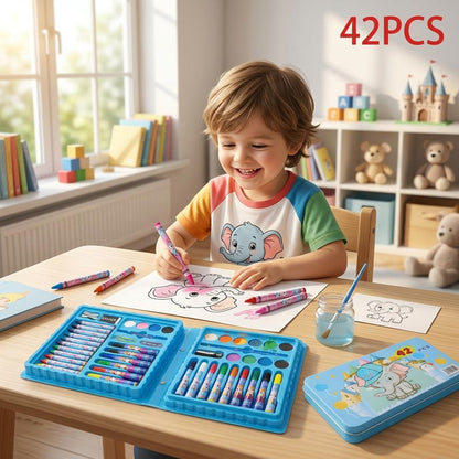 42PCS Kids Art Set Drawing Kit Children's Colouring Set with Crayons, Felt Pens & Watercolour Paints Portable Carry Case