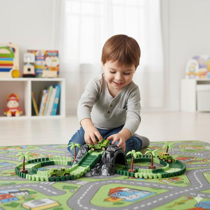 DIY Dinosaur Race Track Set 117 Pcs Flexible Tracks with Electric Car Dinosaur Figures & Bridge Perfect Gift for Kids 3+