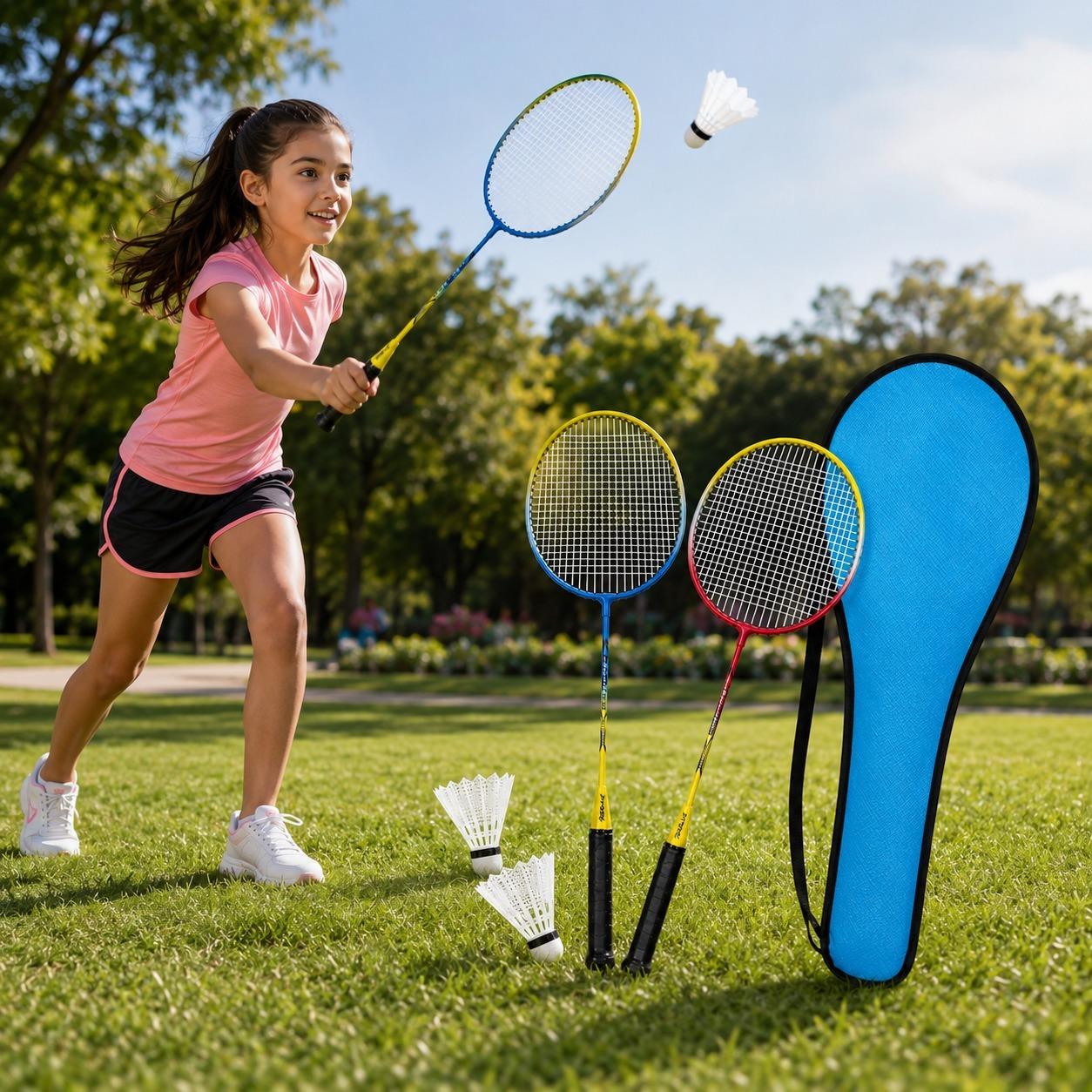 4 Piece Badminton Set with 2 Rackets & 2 Shuttlecocks Lightweight Outdoor Garden Sports Game for Adults & Kids