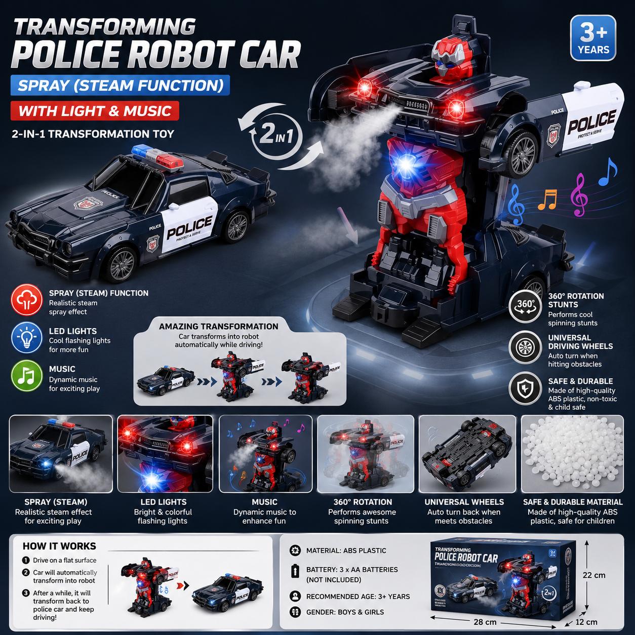 2 in 1 Transforming Police Car Robot Toy with LED Lights & Music 360 Rotation Stunt Toy for Kids