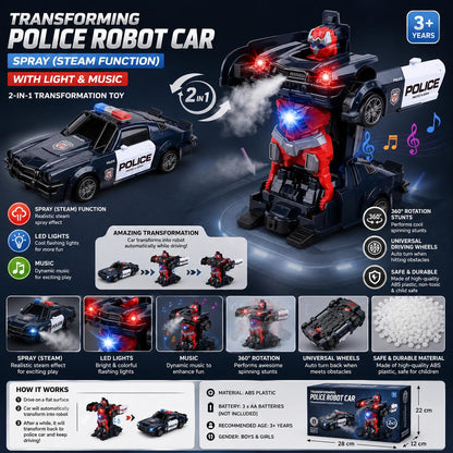 2 in 1 Transforming Police Car Robot Toy with LED Lights & Music 360 Rotation Stunt Toy for Kids